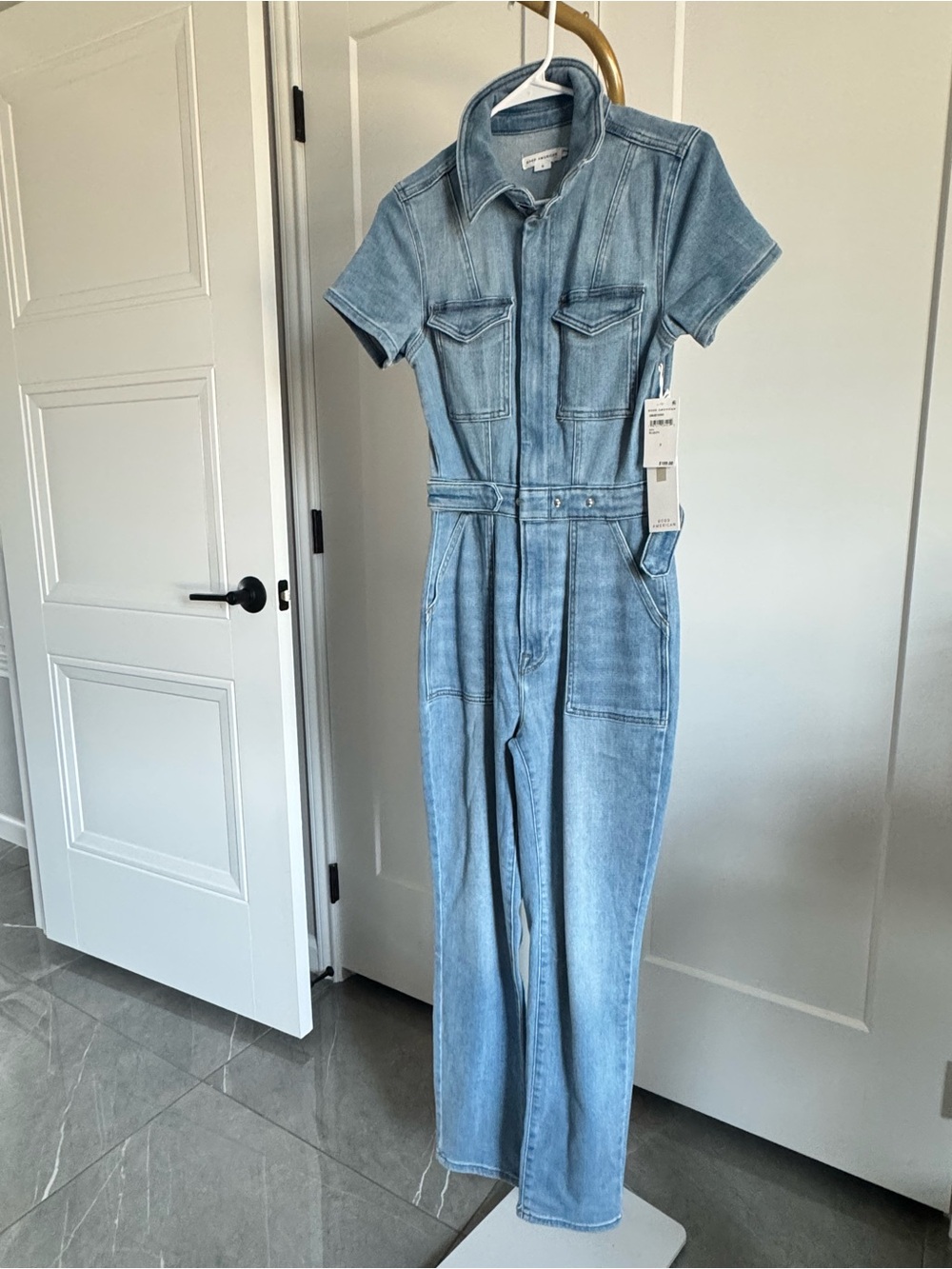 Good American Light Blue Denim Short Sleeve Jumpsuit